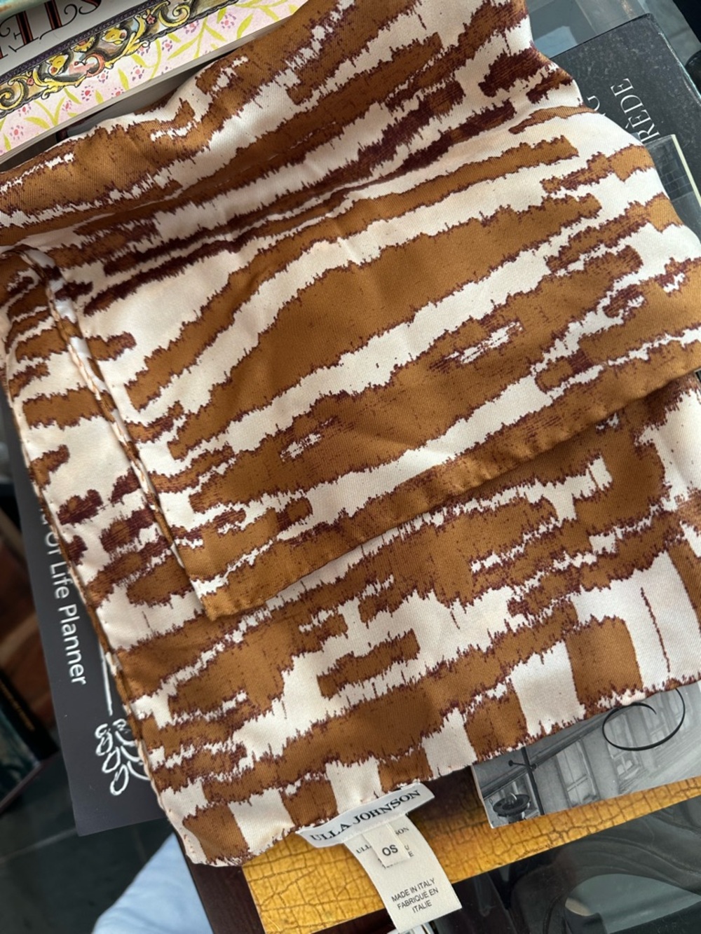 Ulla Johnson Brown and Cream Abstract Printed Silk Scarf - Picture 3 of 3